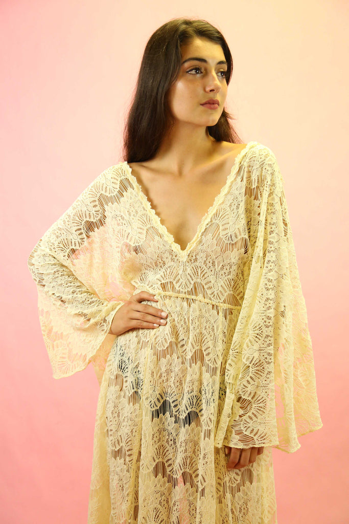 70s Style Cream Lace Angel Sleeve Maxi ...